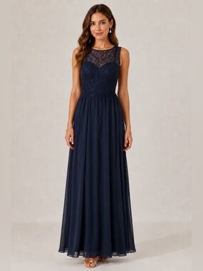 Azazie Navy Lace Bodice Chiffon Maxi Dress | Elegant Bridesmaid/Formal | Size 4